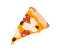 Pizza slice, Italian fast food, triangle cut piece. Cheesy snack with melted cheddar and mozzarella cheese, pepperoni