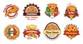 Pizza slice logo. Hot fastfood for Italy shop. House kitchen. Simple restaurant label. Pizzeria emblems set. Delicious