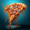 Pizza slice with melted cheese on blue background. 3d rendering. Royalty Free Stock Photo