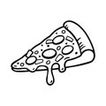 Pizza slice with melted cheese linear icon, Hand drawn graphic, Tasty Italian food, Vector illustration.