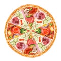 Pizza slice with tomato, cheese, basil, salami on white background. Doodle top view. Hand-drawn Menu illustration, line