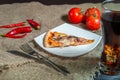 Pizza slice on a white plate over natural background Royalty Free Stock Photo