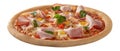 Pizza with sliced ham, quail eggs and tomatoes on pelati sauce, melted mozzarella and greens Royalty Free Stock Photo