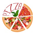 Pizza 4 slices in a circle with an inscription. For use on textiles, packaging paper, souvenirs, printing, posters Royalty Free Stock Photo