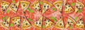 Pizza slices with green leaves on a background of tomatoes, border for decoration of an advertising flyer or banner of a Royalty Free Stock Photo