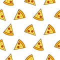 Pizza slices illustrations icons pattern. Street food pizzeria wallpaper pattern.