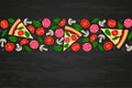 Pizza slices ingredients black textured backround