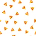 Pizza slices with sausage and cheese pattern background. Appetizing pizza slices seamlesss pattern.