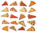 Pizza slices set in flat cartoon style. Sliced cuisine pizzas pieces isolated on white vector illustration Royalty Free Stock Photo