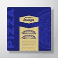 Pizza with Smoked Sausages Realistic Cardboard Box Mockup. Abstract Vector Packaging Design or Label. Modern Typography