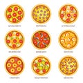 Pizza sorts vector icons templates for Italian pizzeria cuisine or fast food menu Royalty Free Stock Photo
