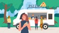 Pizza street market food truck van in summer park, people eat fastfood near mobile cafe Royalty Free Stock Photo