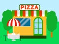 Pizza street shop festival background, flat style Royalty Free Stock Photo