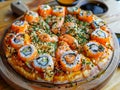 A pizza with sushi on it on a wooden table Royalty Free Stock Photo