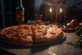 Pizza on the table in the kitchen, light dinner by candlelight. AI generative