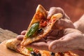 Pizza. Tasty fresh italian pizza served on old wooden table. A p Royalty Free Stock Photo