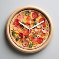 Pizza time concept. Top view on clock with arrows made from big pepperoni pizza on white background. Sausage, cheese Royalty Free Stock Photo