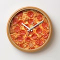 Pizza time concept. Top view on clock with hands made from big pepperoni pizza on white background. Sausage, cheese Royalty Free Stock Photo