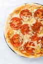 Pizza with tomato, cheese and dry basil on white background top view Royalty Free Stock Photo