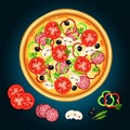 Pizza with tomato, cheese, olive, salami, bell pepper, mushroom, parsley, arugula, realistic ingredients. Takeaway food