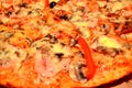 Pizza with tomato, salami and olives