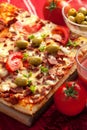 Pizza with tomato, salami and olives