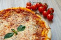 Pizza with tomato sauce and cheese, basil to garnish detail