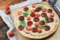 Tasty Pizza With Tomato Sauce, Pepperoni Sausage, And Mushrooms On Wooden Background Natural Rustic, A Pizza Cutter And Ingridient Royalty Free Stock Photo