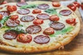 Tasty Pizza With Tomato Sauce, Pepperoni Sausage, And Mushrooms On Wooden Background Natural Rustic, A Pizza Cutter And Ingridient Royalty Free Stock Photo