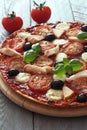 Pizza with tomatoes,chicken and mozzarella Royalty Free Stock Photo