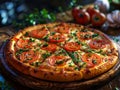 A pizza with tomatoes and herbs on a wooden plate Royalty Free Stock Photo