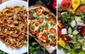 Pizza with tomatoes, tomato paste and fresh vegetable salad close-up. Vertical collage of dishes from different Royalty Free Stock Photo