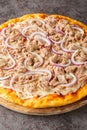 Pizza tonno e cipolla topped with tomato sauce, mozzarella, tuna, and sliced onions closeup on the wooden board. Vertical