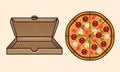 Pizza and cardboard open empty box vector set