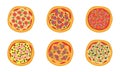 Pizza top view icons set. Italian food with tomato and cheese isolated on white background. Delicious menu for a restaurant with Royalty Free Stock Photo