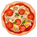 Pizza top view with meat, olives, tomato and mushrooms isolated on white background. Whole pizza with cheese, tasty Royalty Free Stock Photo