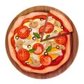 Pizza in wooden board top view with salami, olives, tomato and mushrooms isolated on white background. Whole pizza with Royalty Free Stock Photo