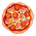 Pizza top view with salami, olives, tomato and mushrooms isolated on white background. Whole pizza with cheese, tasty Royalty Free Stock Photo