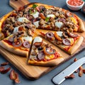 Pizza, toppings of cheeseburger bacon mushrooms meat sauce