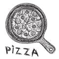 Pizza on a tray drawn by hand on an isolated white background. Line art. Vector image Royalty Free Stock Photo