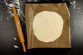 Pizza tray made of dough lies on parchment paper on a black wooden table