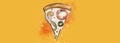 Pizza triangle piece with watercolor stains and splashes. Rectangular banner for website and advertising on a yellow background. P Royalty Free Stock Photo