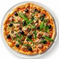 Pizza with Tuna, Black Olives and Fresh Arugula, Traditional Italian Seafood Pizza with Yellowfin Meat Royalty Free Stock Photo