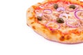 Pizza with tuna, onions and capers on a white background