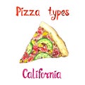 Pizza types, California isolated on white hand painted watercolor illustration