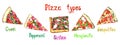 Pizza types, Greek, Pepperoni, Sicilian, Margarita, Neapoltian isolated on white hand painted watercolor illustration