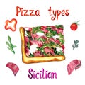 Pizza types, Sicilian isolated on whitewith vegetables adn meat slices around, hand painted watercolor illustration