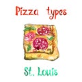 Pizza types, St. Louis isolated on white hand painted watercolor illustration