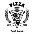 Pizza vector emblem, badge, label or logo in vintage monochrome style isolated on white. Fast food delivery logotype Royalty Free Stock Photo