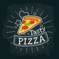 Pizza. Vector flat illustration with engraving rays, lettering, bubble